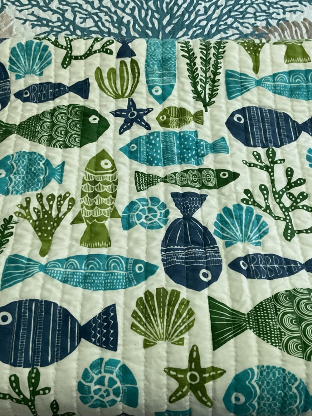 Coastal Fish Quilted Throw in Teal & Green Reversible King